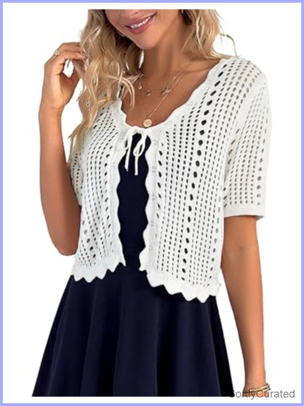Crochet Knit Shrug Short Sleeve Cropped Cardigan Tie Front Bolero